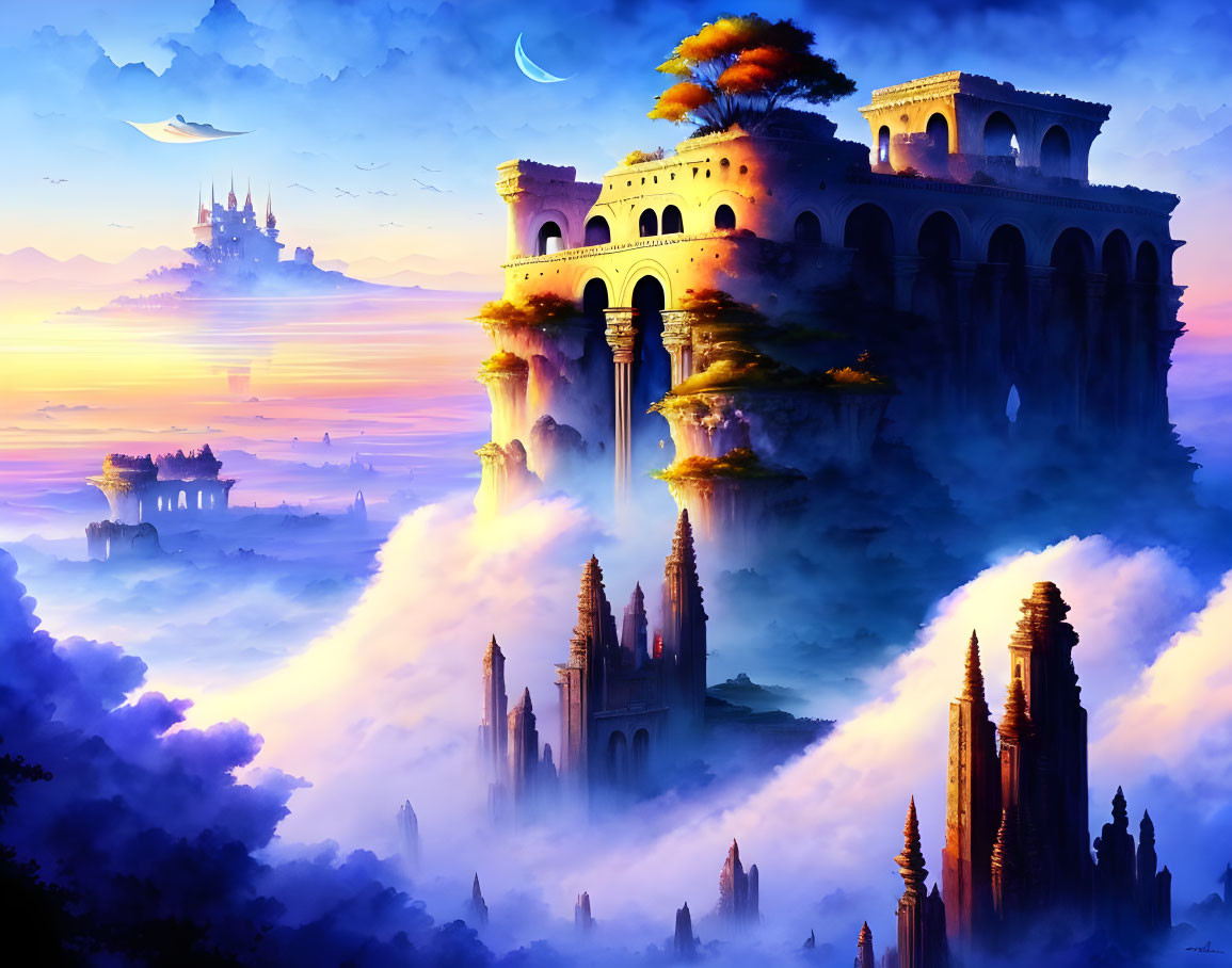 Fantastical twilight landscape with floating islands and celestial castles