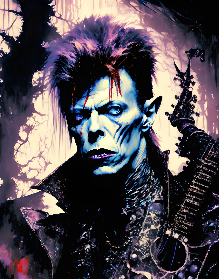 Stylized gothic figure with spiky hair and guitar against dark backdrop