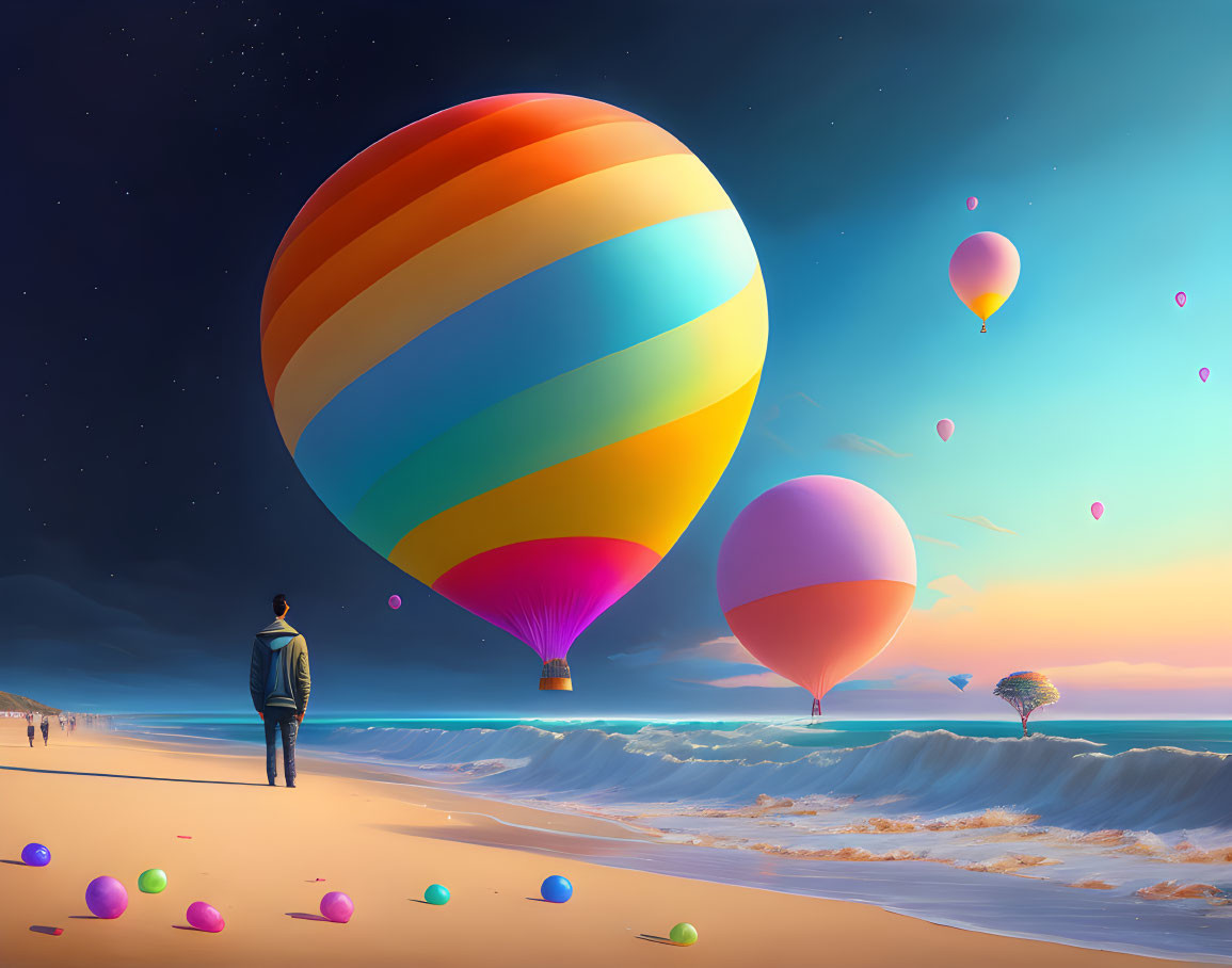 Beach scene at dusk with hot air balloons, stars in the sky, and colorful balls on the