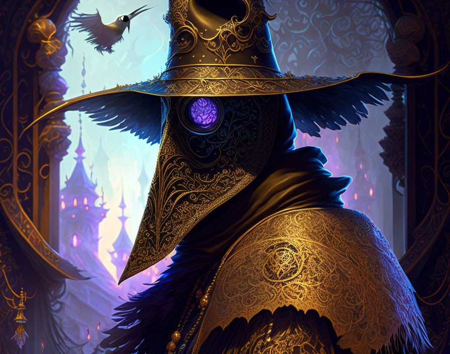 Mystical bird-like figure with wizard's attire and castle backdrop