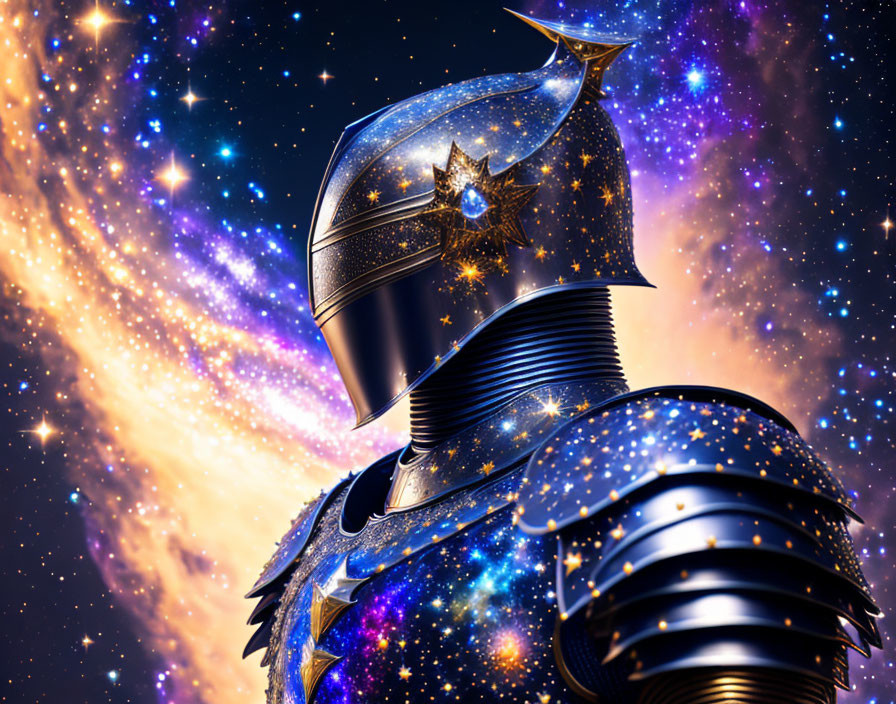 Ornate star-patterned armor knight in vibrant galaxy.