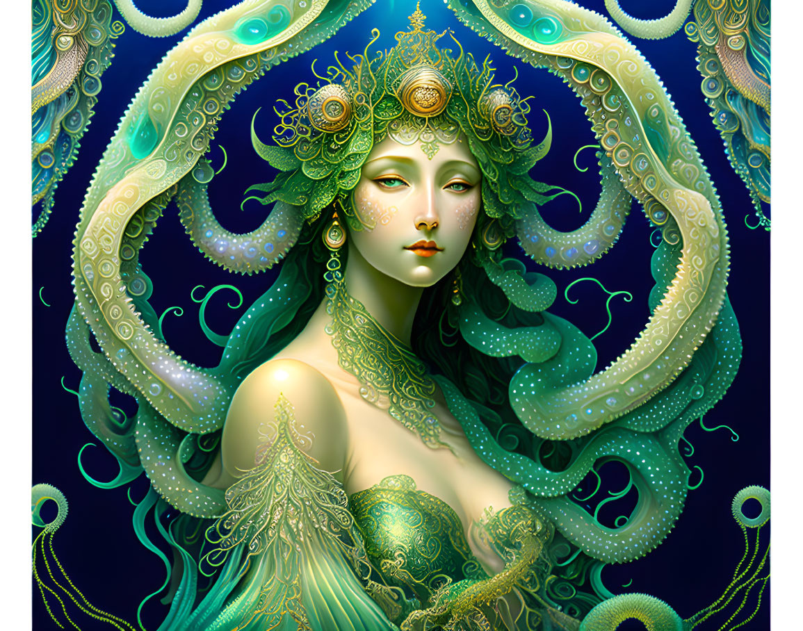 Ethereal woman with green hair and peacock-inspired headdress in golden and teal surroundings