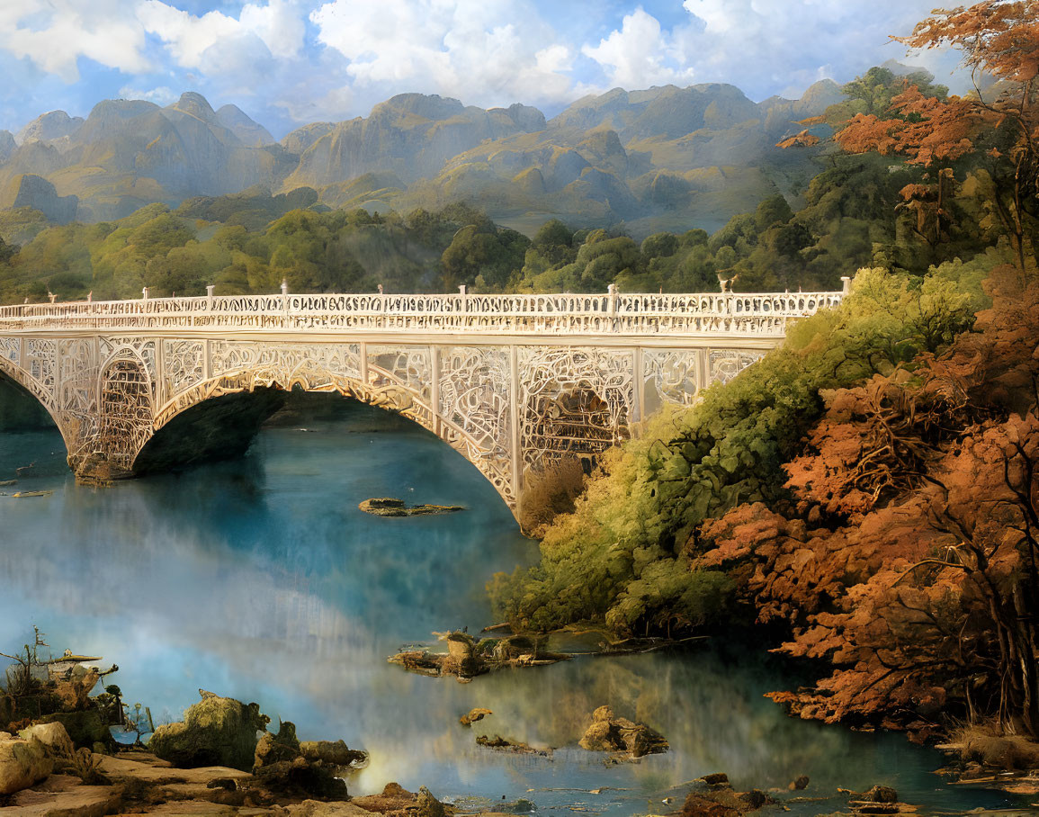 Stone bridge over tranquil river with lush foliage and misty mountains.