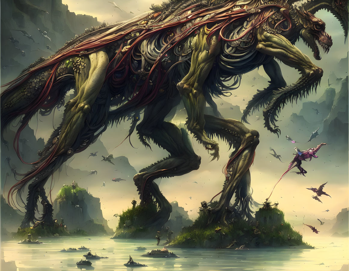 Gigantic alien creature with exoskeleton in misty swamp scene