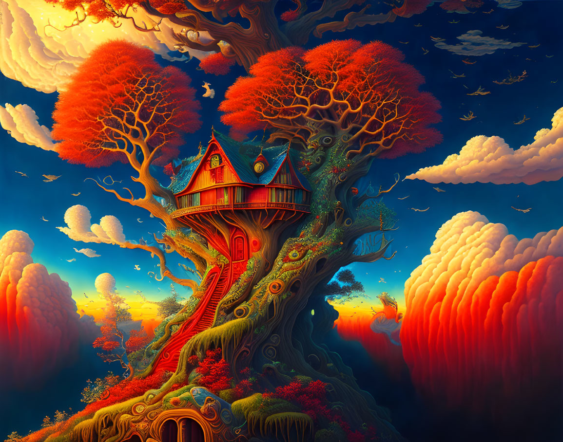 Vibrant treehouse in whimsical tree with red foliage on blue sky background