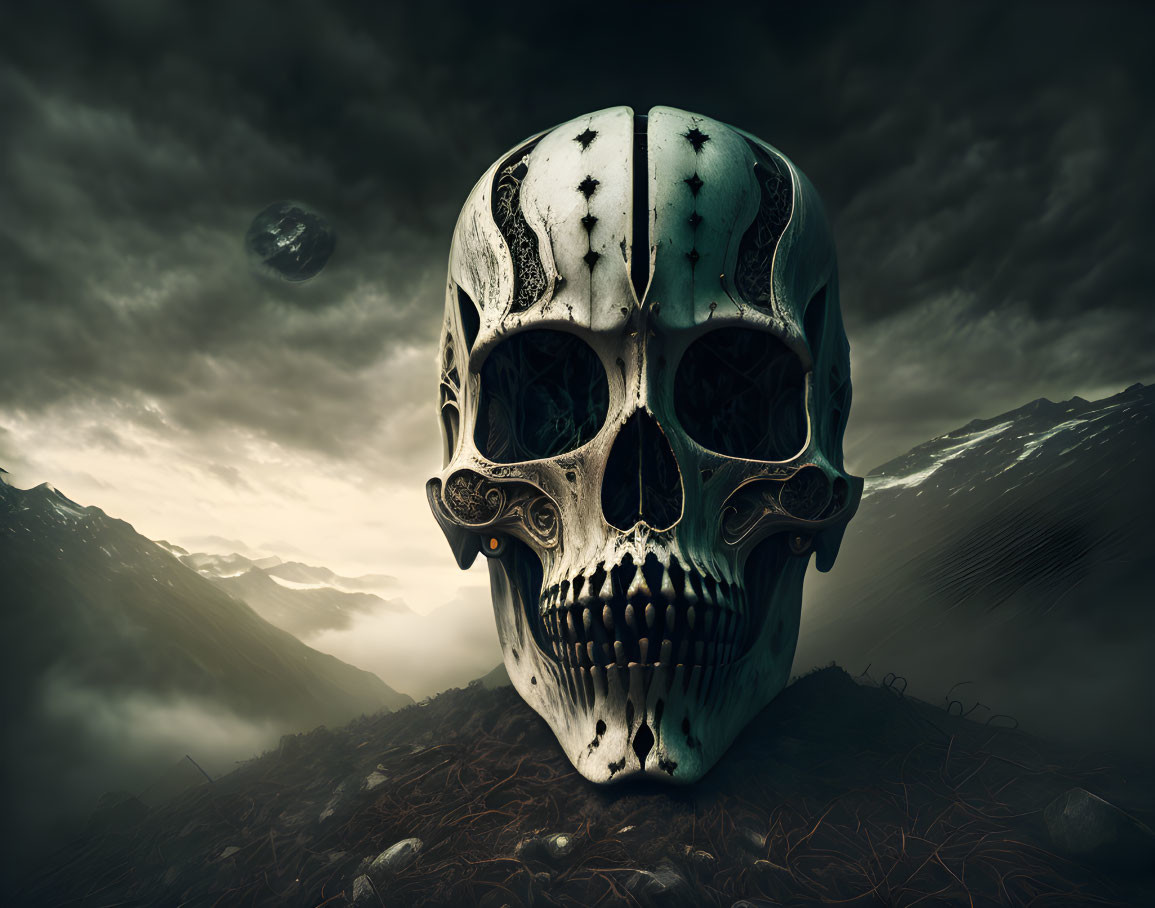 Greenish Human Skull on Desolate Landscape with Stormy Sky