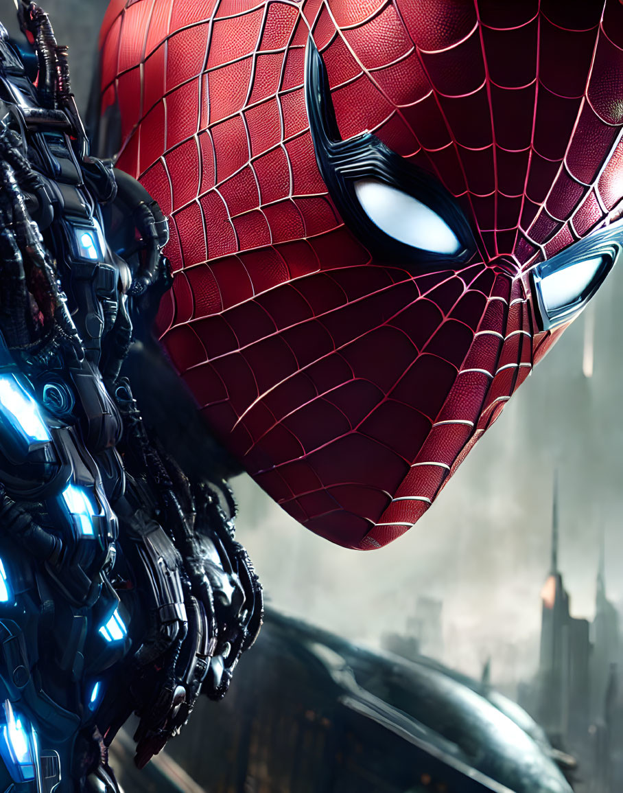 Spider-Man's masked face close-up with futuristic armored character and urban skyline.