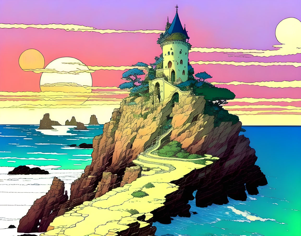 Fantasy castle on cliff with winding path, pastel sky & sea