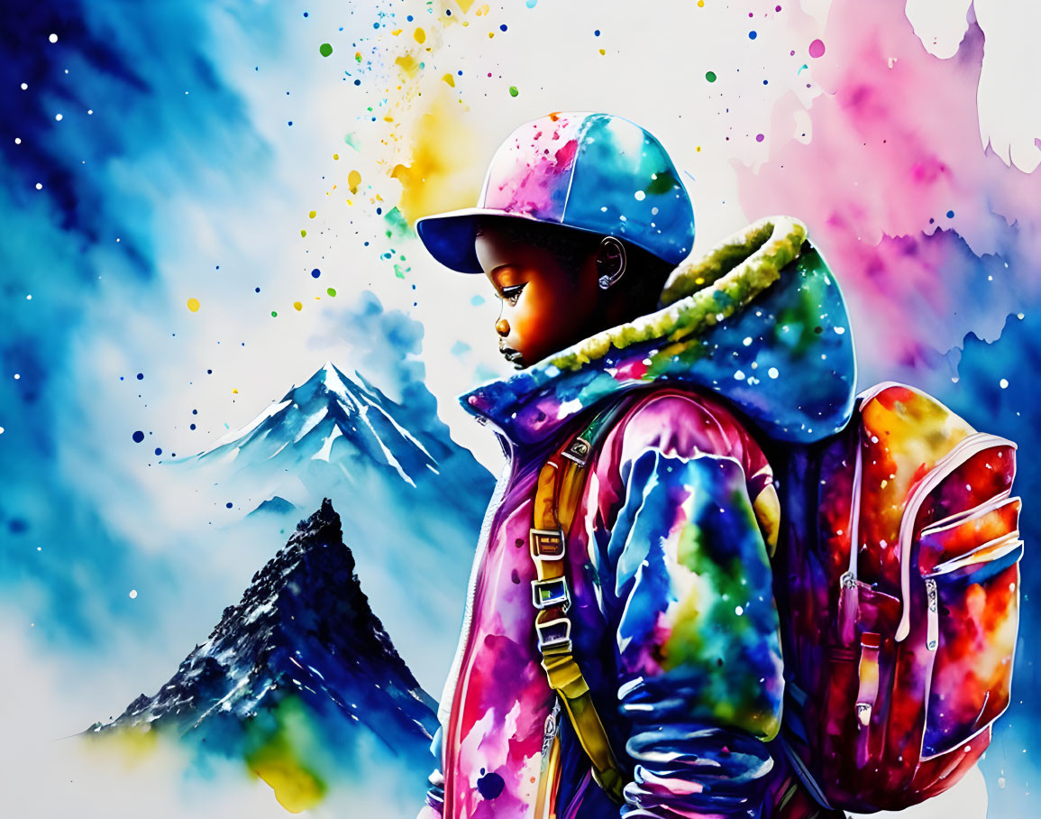 Colorful Winter Outfit Illustration with Abstract Background & Mountains