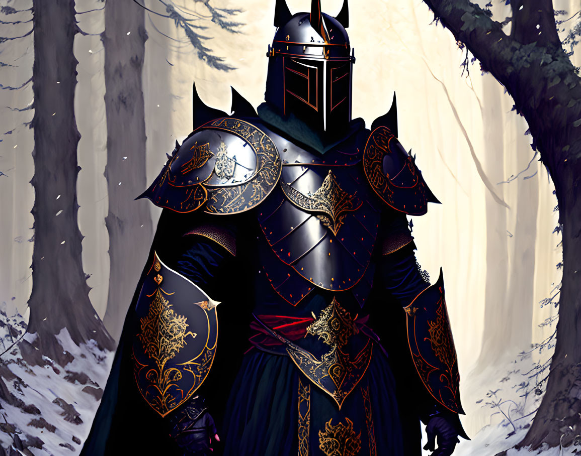 Ornate black armor knight with shield and sword in snowy forest