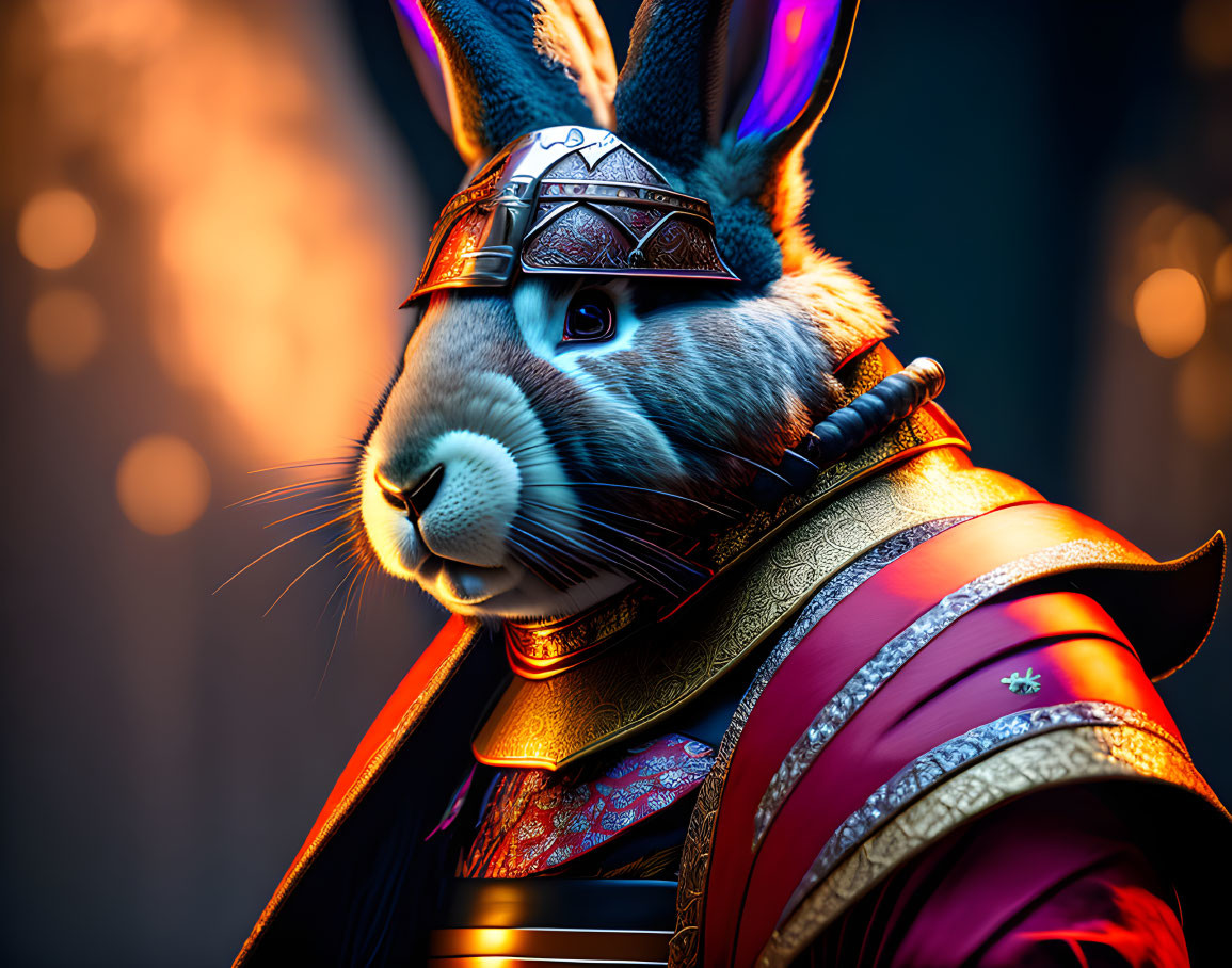 Warrior rabbit in stylized armor with glowing backdrop