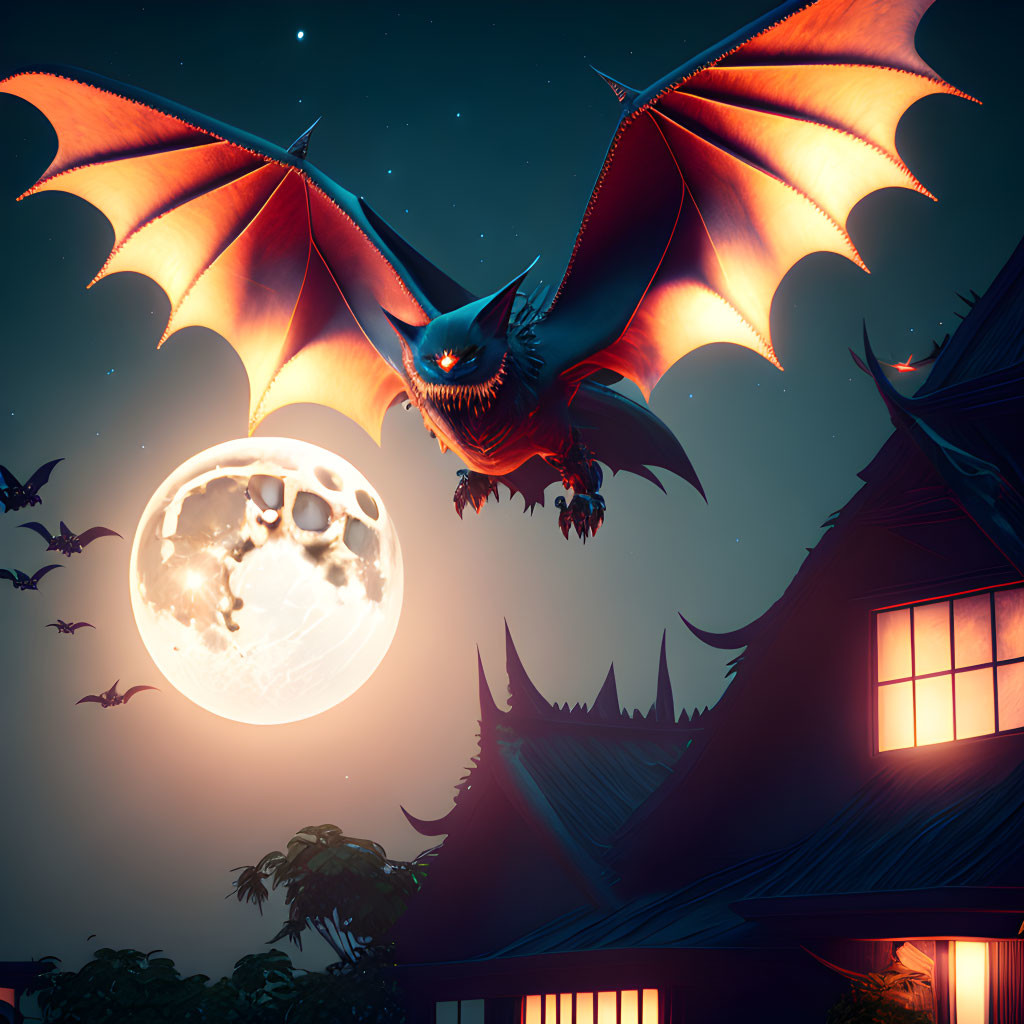 Dragon flying in night sky over Asian-style building with full moon