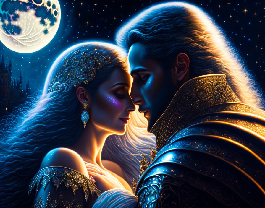 Regal man and woman in elegant attire under starry sky