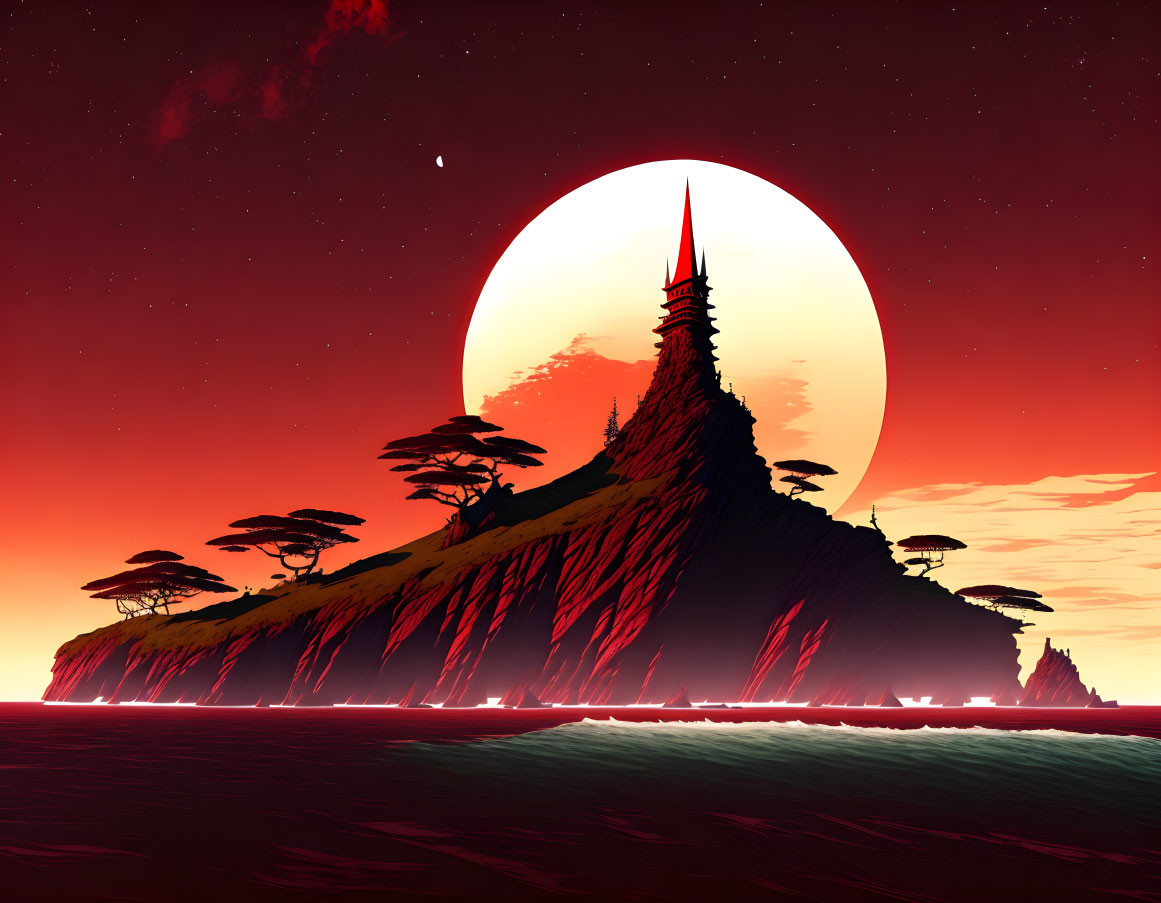 Digital art: Mountain island, red sun, crimson sky, glowing water