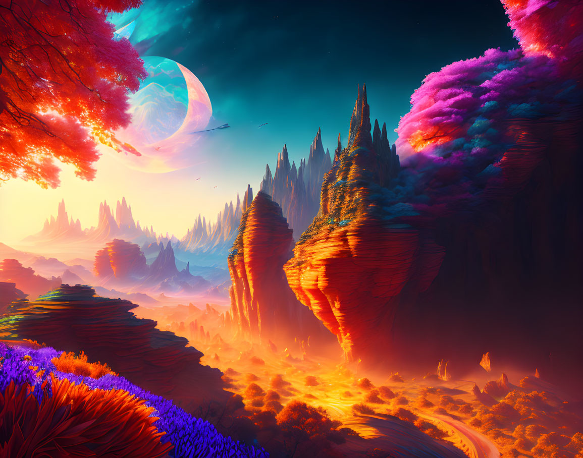 Colorful fantasy landscape at sunset with towering spires, moon, and winding path