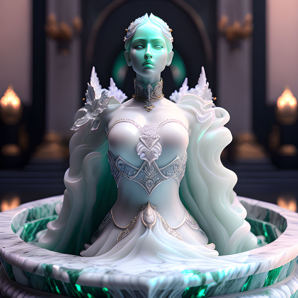 Regal fantasy figure with pale blue skin on glowing throne