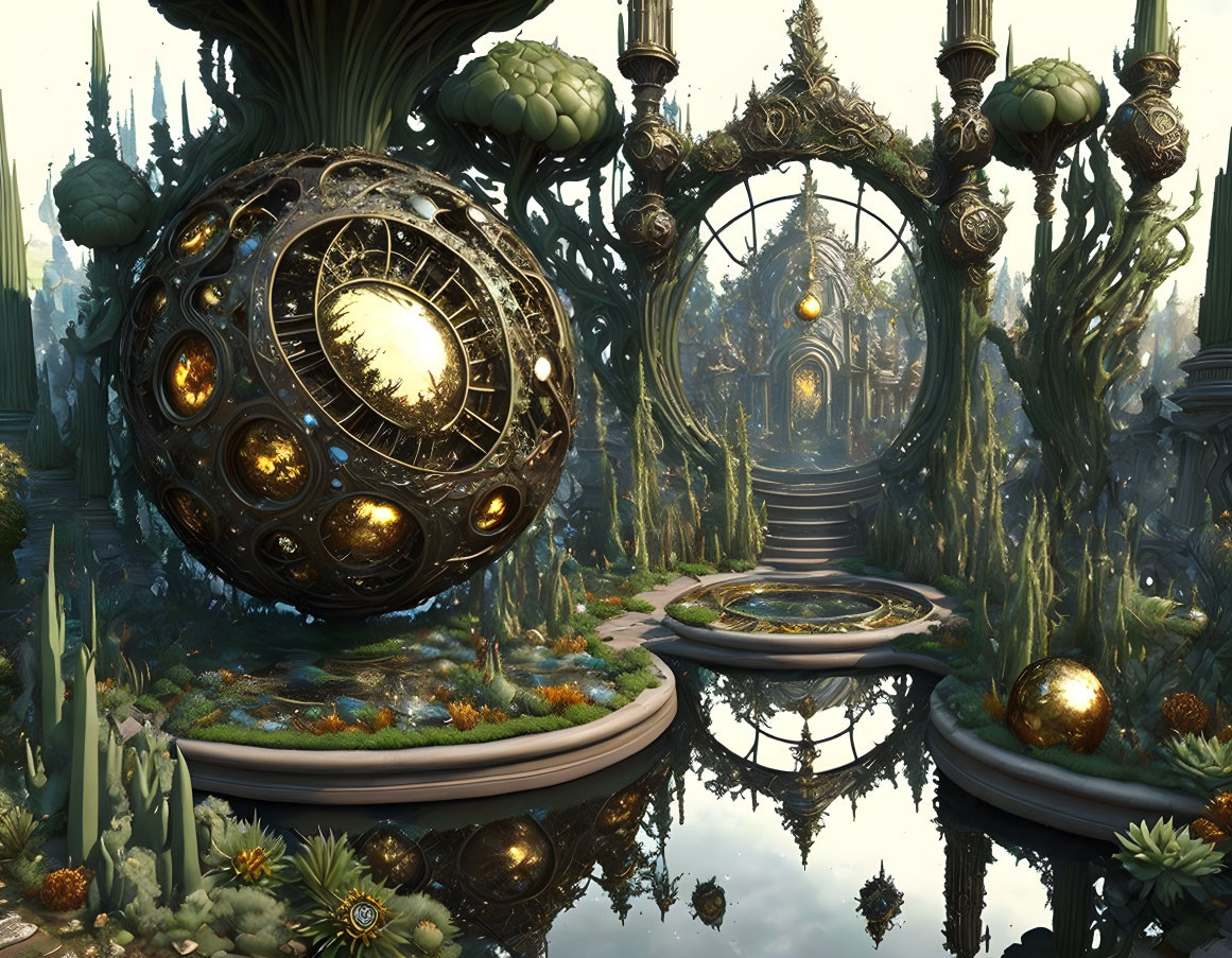 Ornate spherical structure in lush garden with circular portal