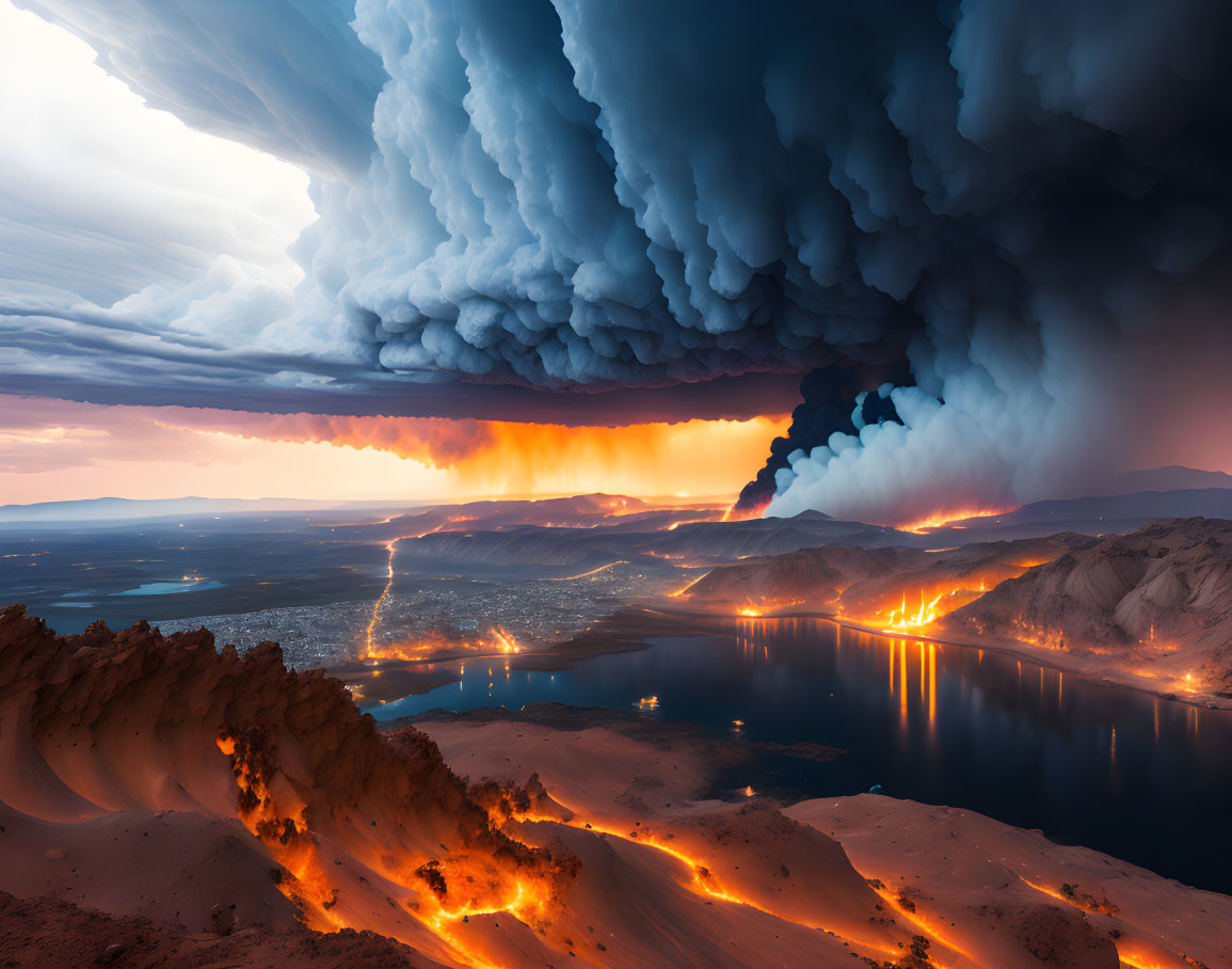 Dramatic volcanic eruption with massive ash cloud and lava flow in fiery landscape at twilight