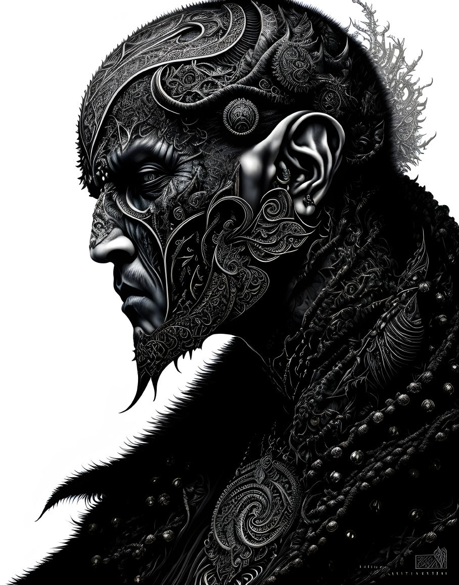 Monochrome digital artwork: Person with intricate tattoos on face and neck