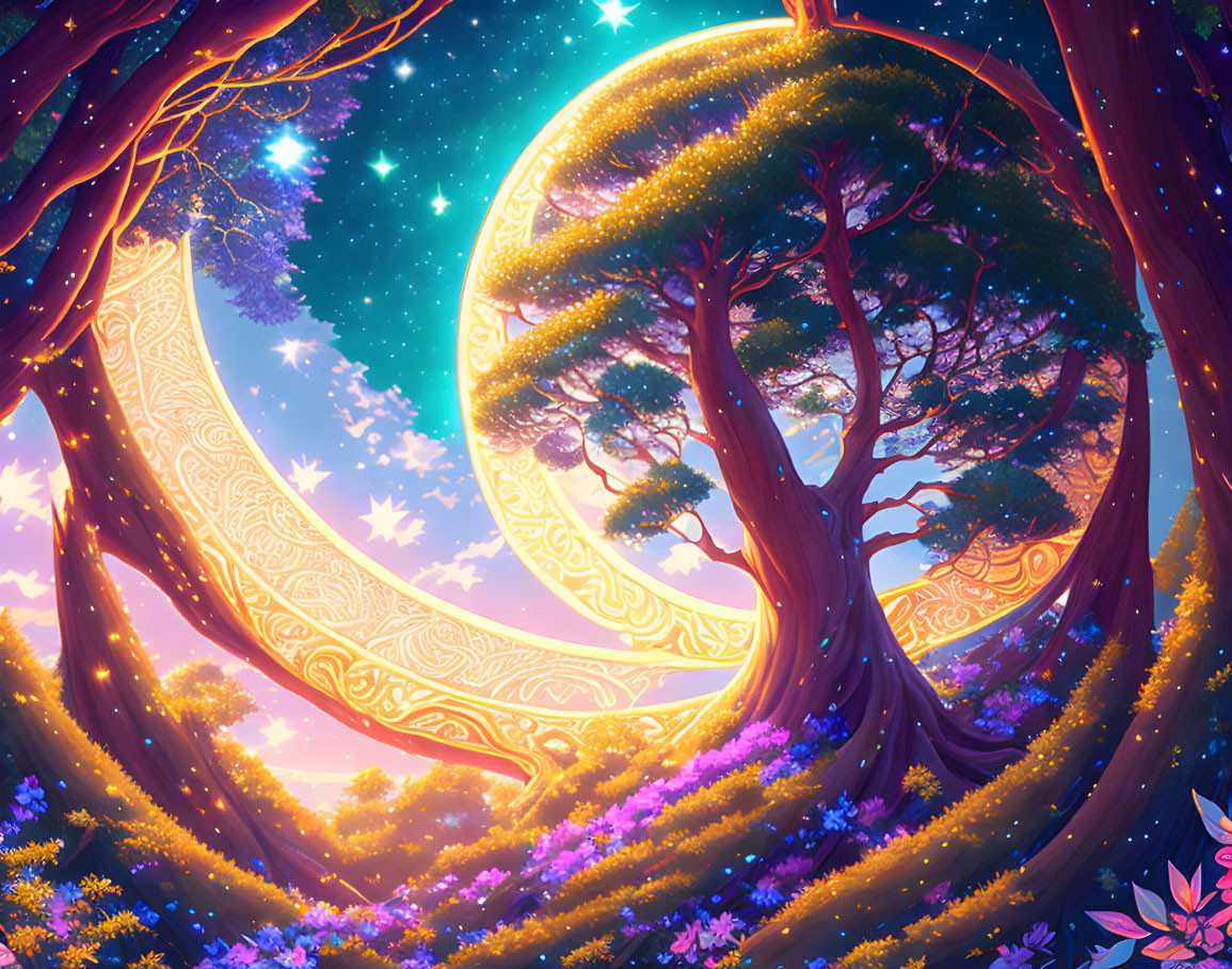 Majestic fantasy forest with glowing flowers and crescent moon