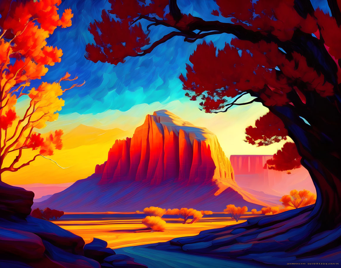 Colorful digital artwork of a sunset over desert mesa