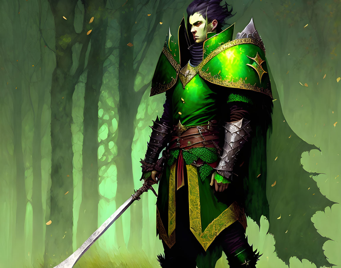 Purple-skinned elf knight in green armor wields longsword in misty forest