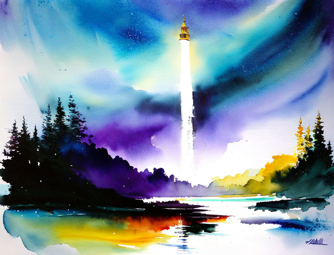 Lighthouse Watercolor Painting at Twilight