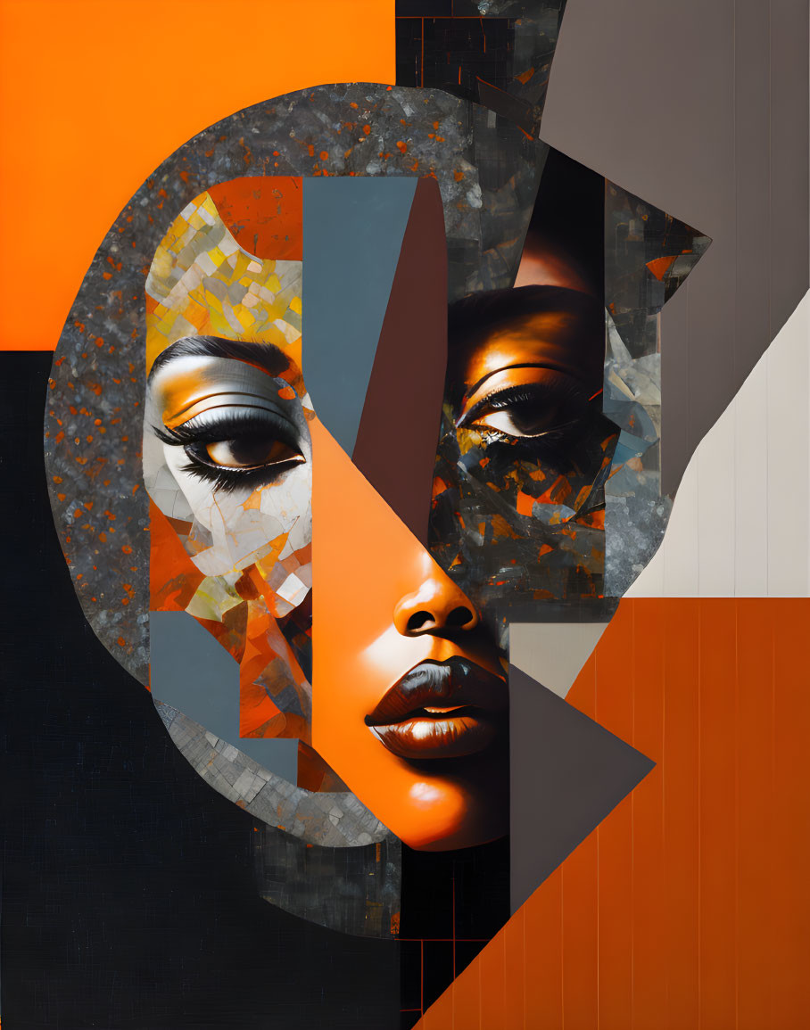 Fragmented portrait of a woman with bold lips and eyes in abstract orange and black background