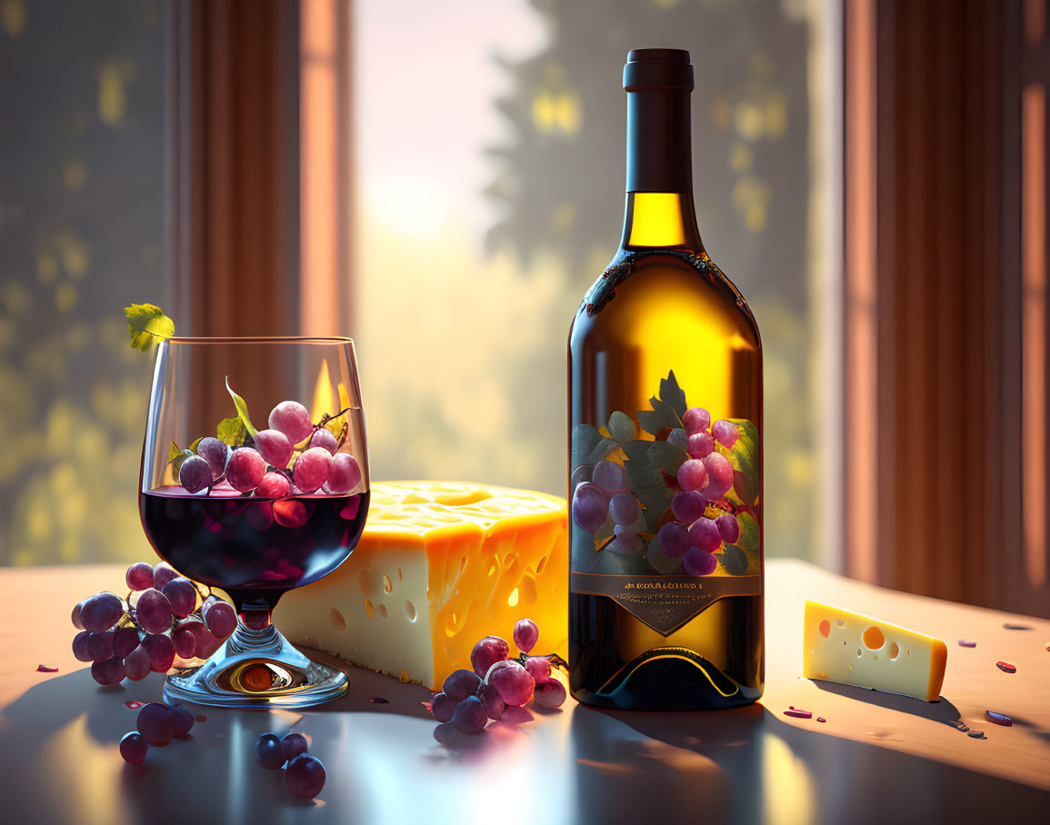 Red wine bottle, wine glass, grapes, cheese, and slice on reflective surface in warm ambiance