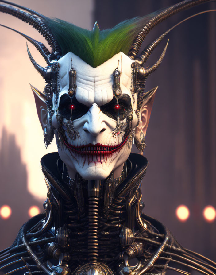 Cyborg with clown-inspired face and green hair in futuristic setting