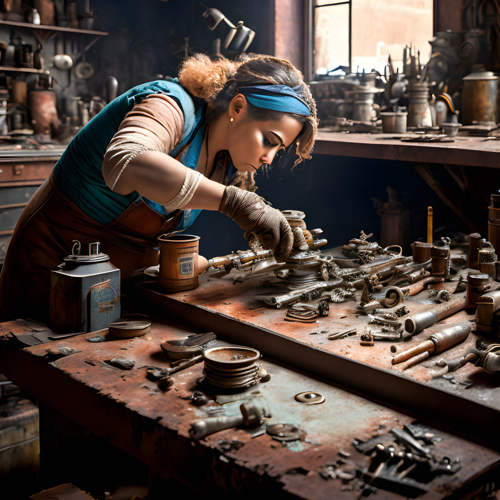 Woman in apron working on metal parts in vintage workshop.