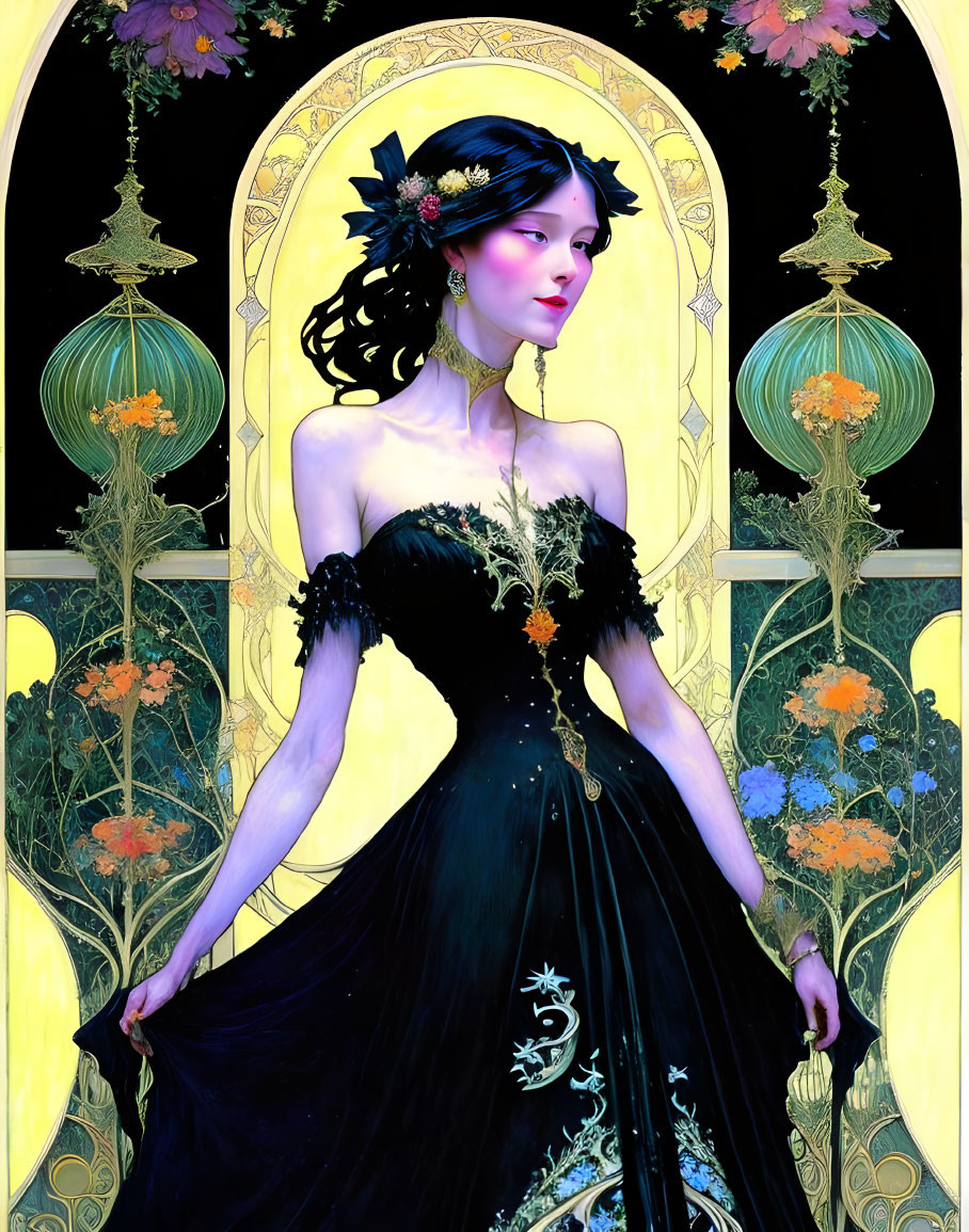 Illustrated woman in detailed black dress against Art Nouveau background.