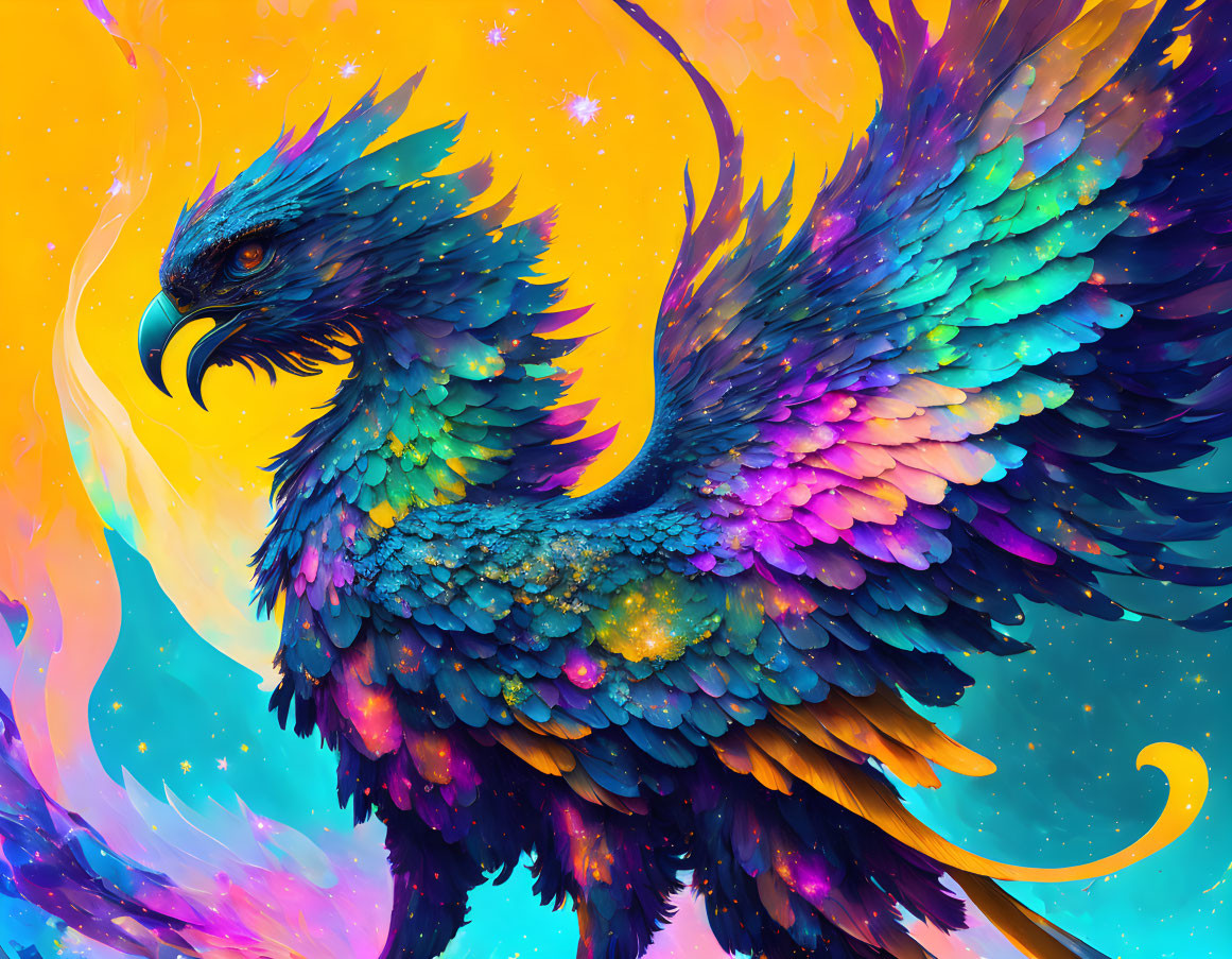 Colorful Mythical Bird Illustration with Iridescent Feathers