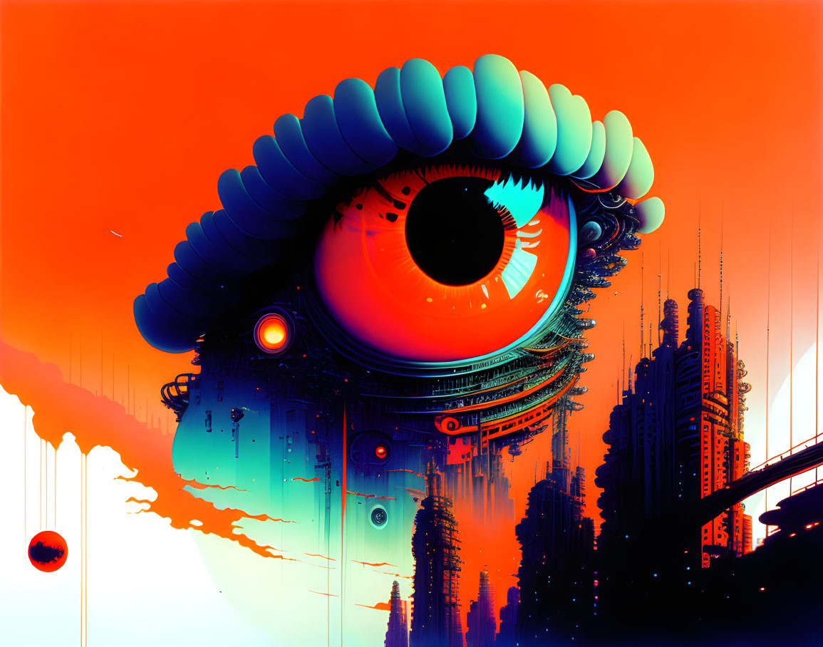 Colorful digital artwork: stylized eye in futuristic cityscape.