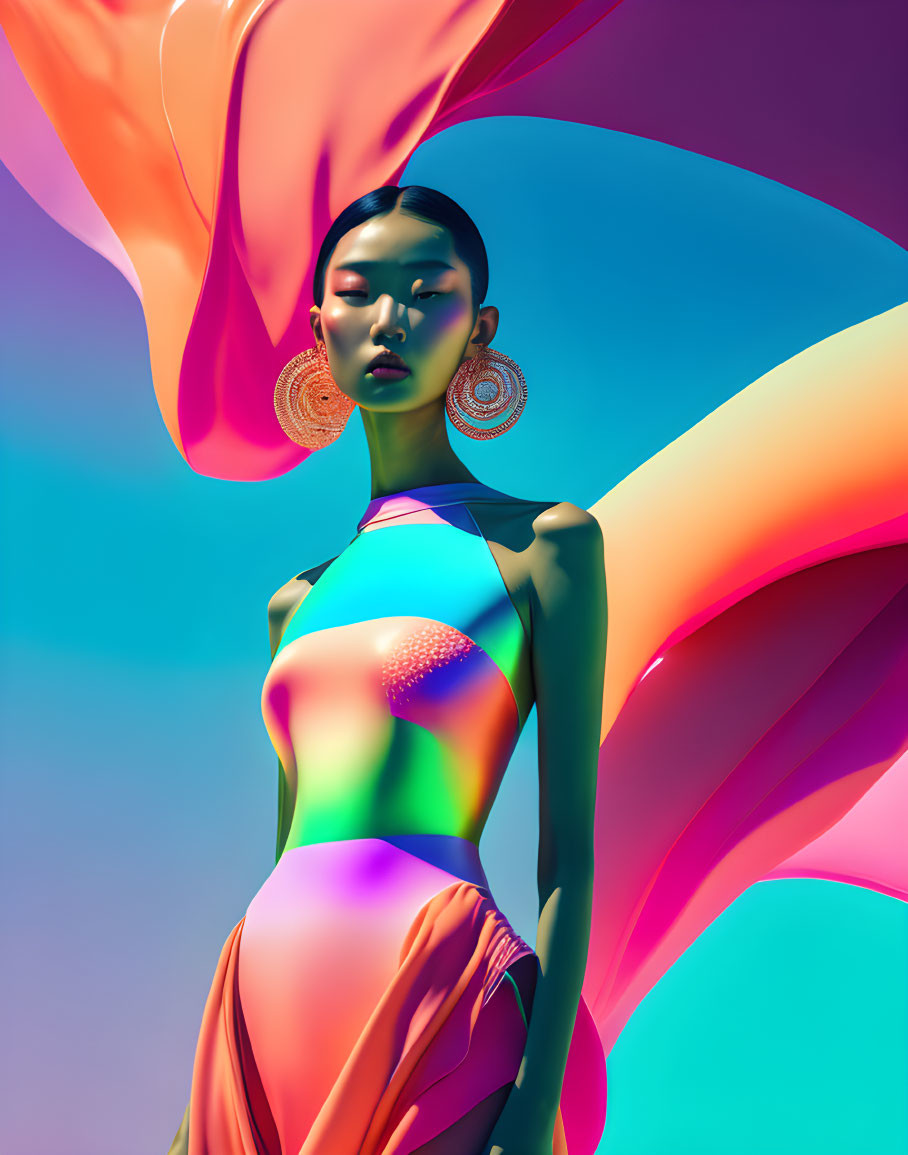 Colorful Abstract Shapes: Woman in Vibrant Swimwear and Hoop Earrings in Bright Lighting