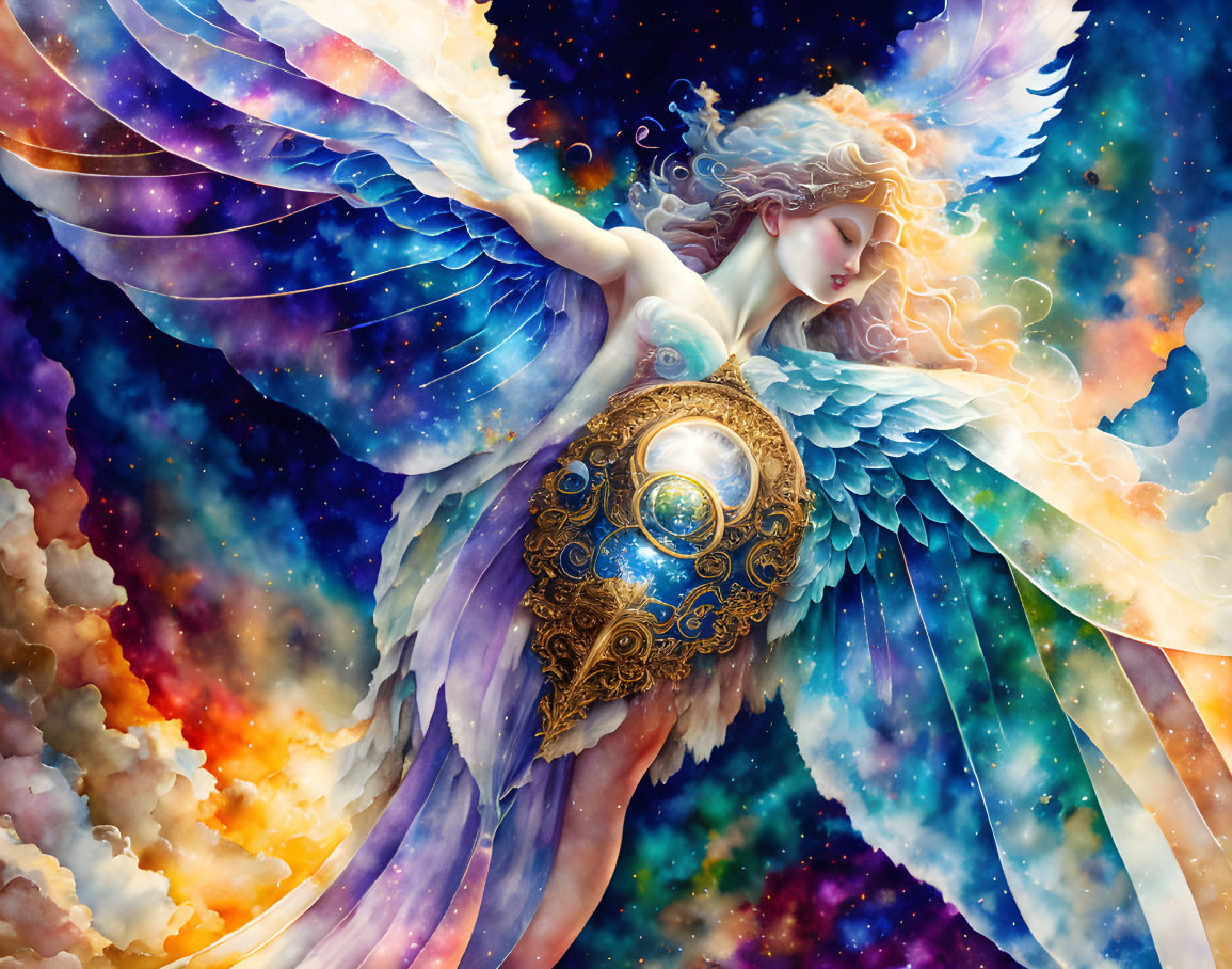 Fantasy painting of angel with elaborate wings in celestial clouds