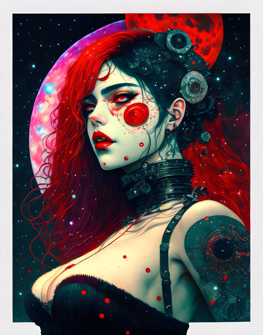 Digital Art: Woman with Red Hair, Mechanical Details, Cosmic Background