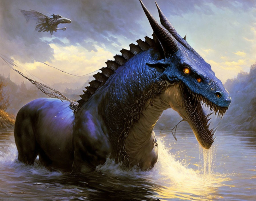 Blue and Orange-Eyed Dragon in Water with Flying Dragon in Misty Twilight Sky