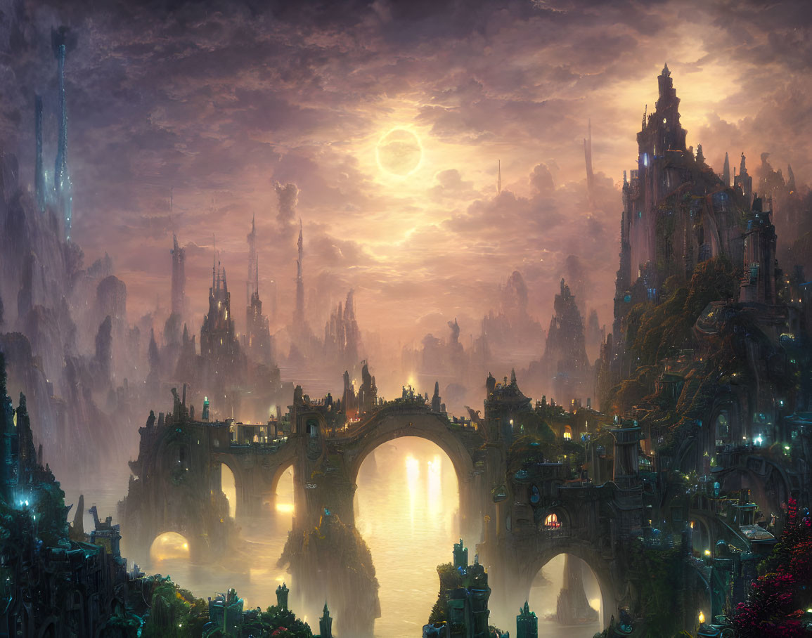 Fantastical cityscape at dusk with towering spires and glowing moon