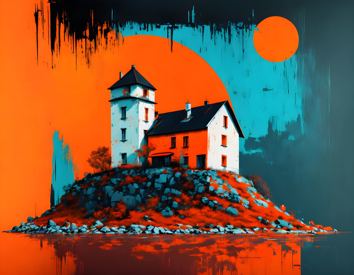 Vivid surreal lighthouse on islet with orange and teal colors