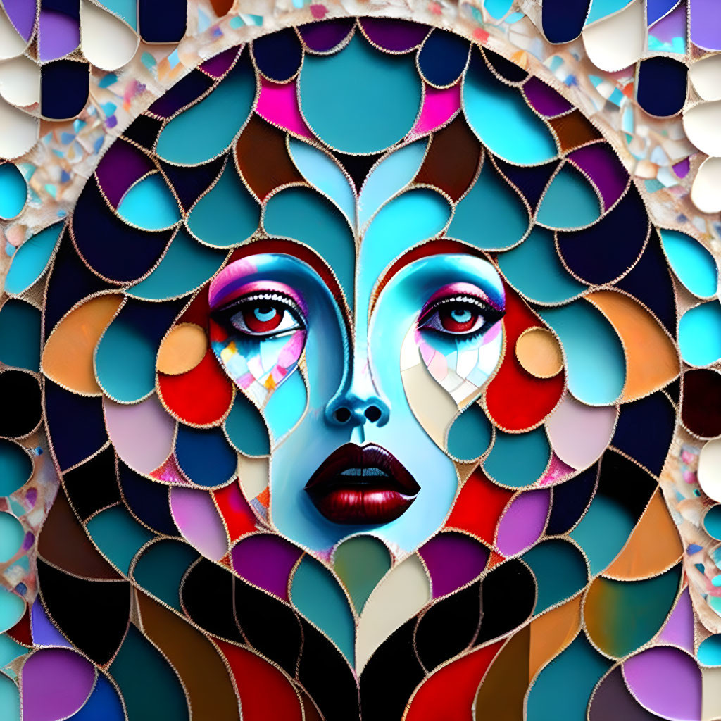 Colorful digital artwork of woman's face with mosaic patterns and teardrop.