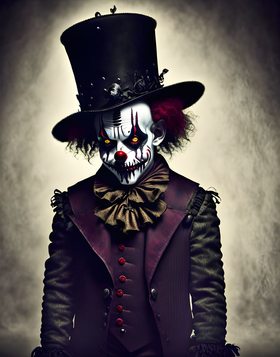 Sinister clown with top hat and red glowing eyes on murky background