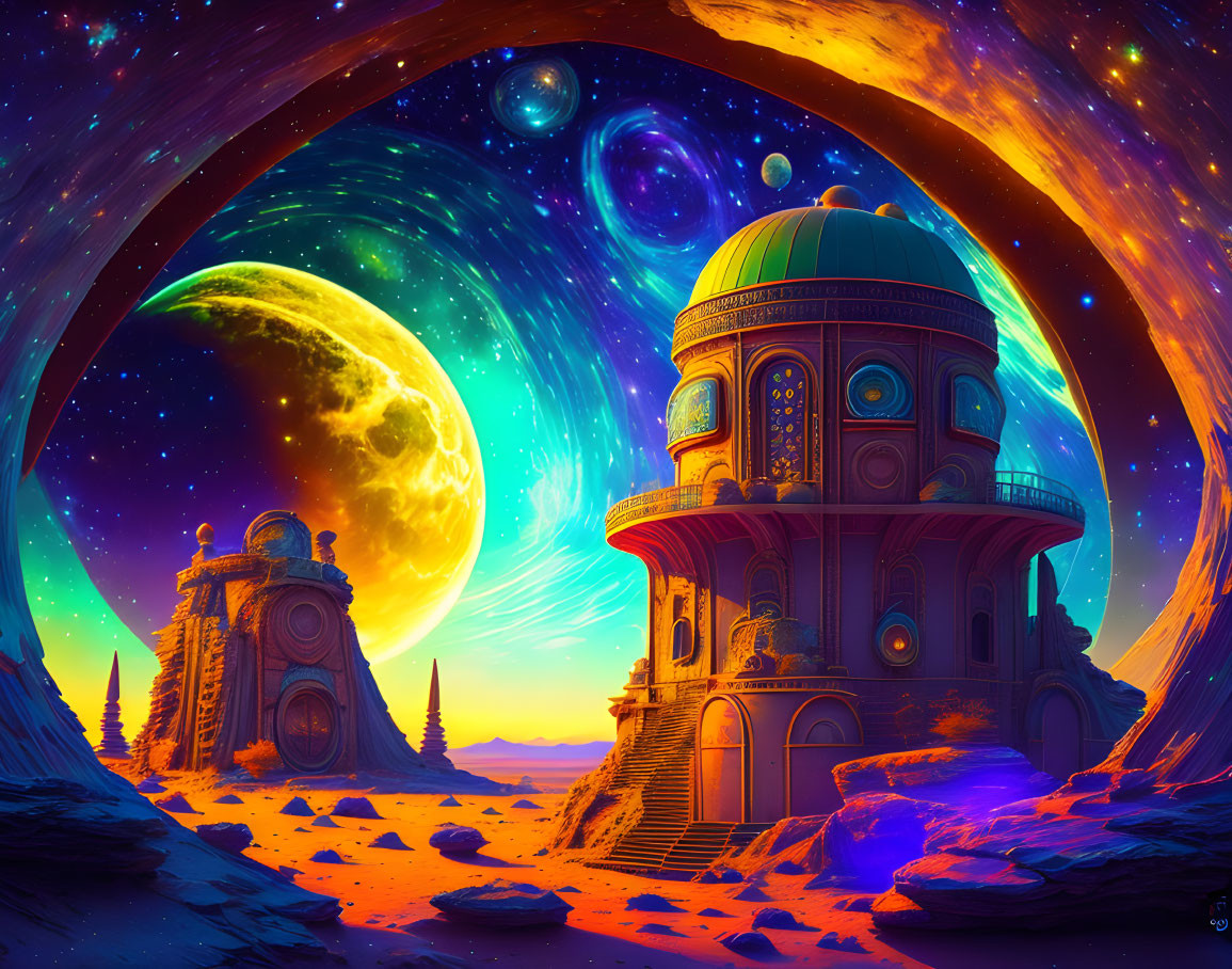 Sci-fi landscape with otherworldly structure, moon, planets, and rock archway