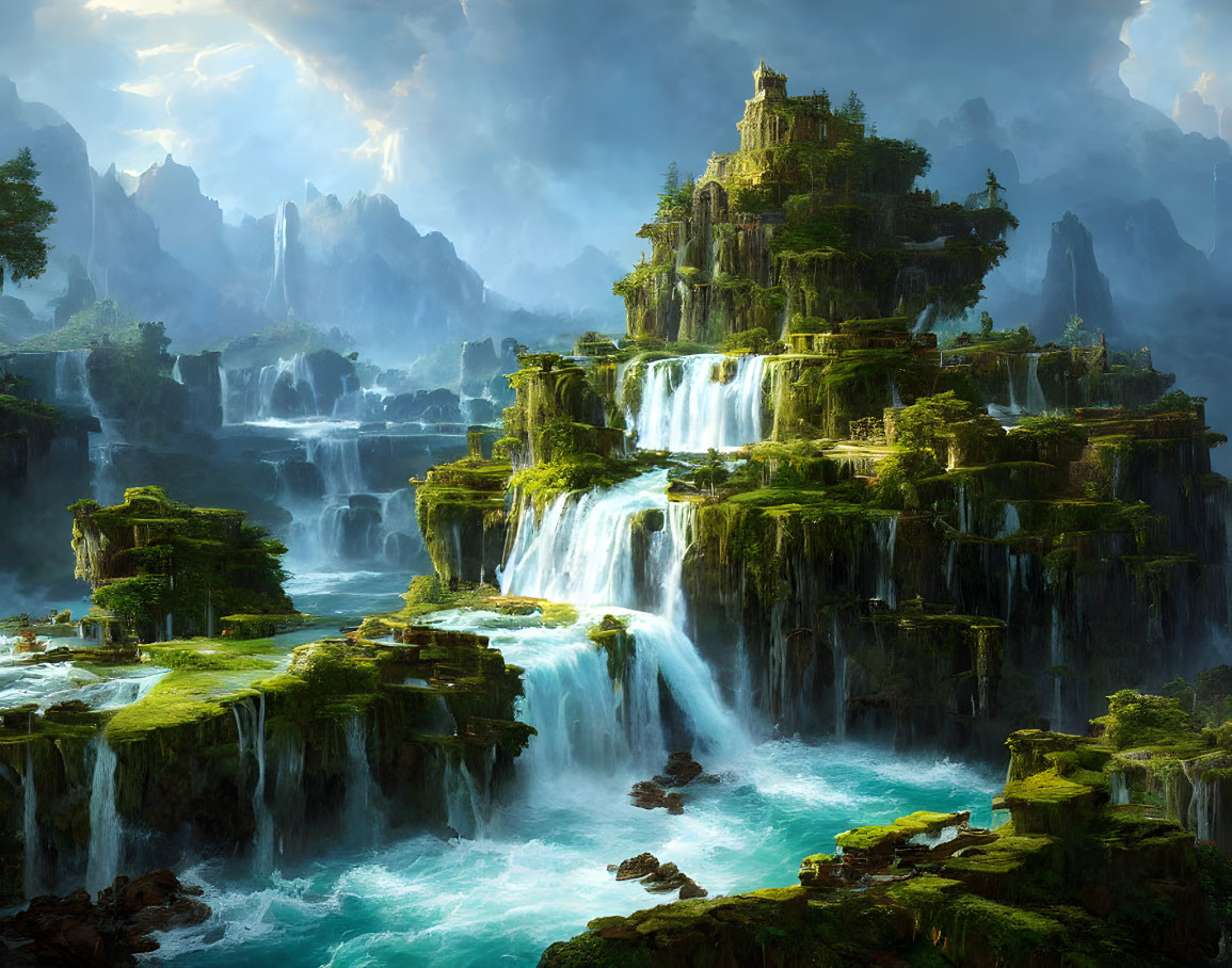 Tiered waterfall, lush greenery, ancient ruins on cliffs in warm light