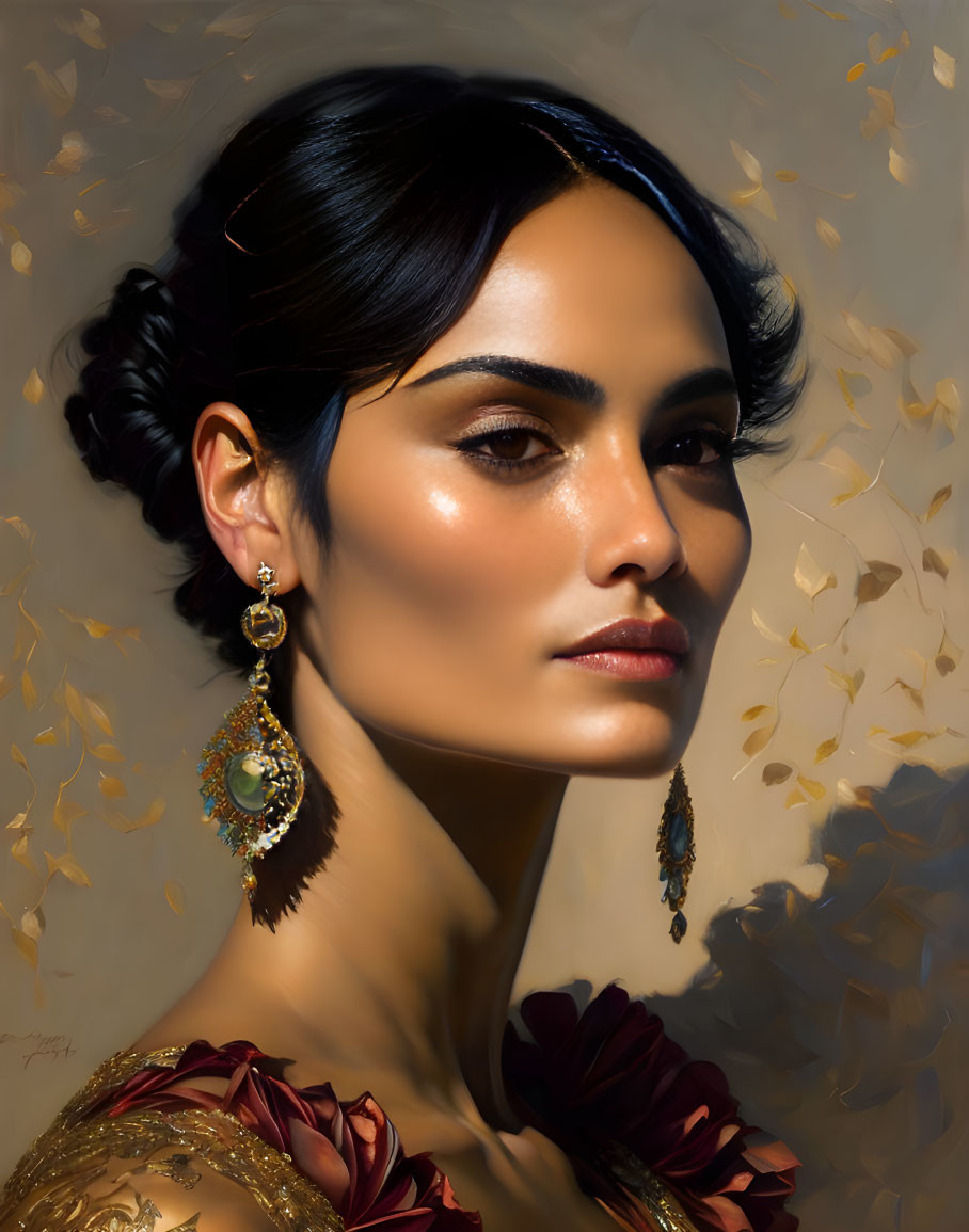 Portrait of woman with dark updo hair, floral outfit, earrings, glowing skin, and golden leaf