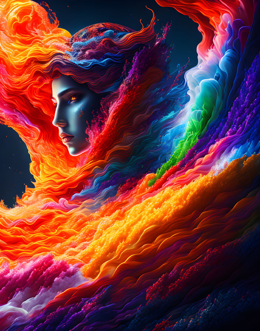 Colorful digital portrait of a woman with flowing fiery hair in cosmic hues