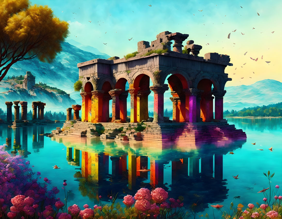 Classical columns ruins by lake with reflections and lush foliage, mountains, blue sky, birds.