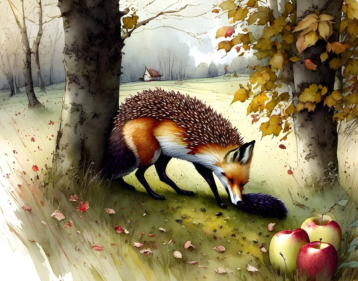 Fox with hedgehog spines explores apples in autumn forest landscape