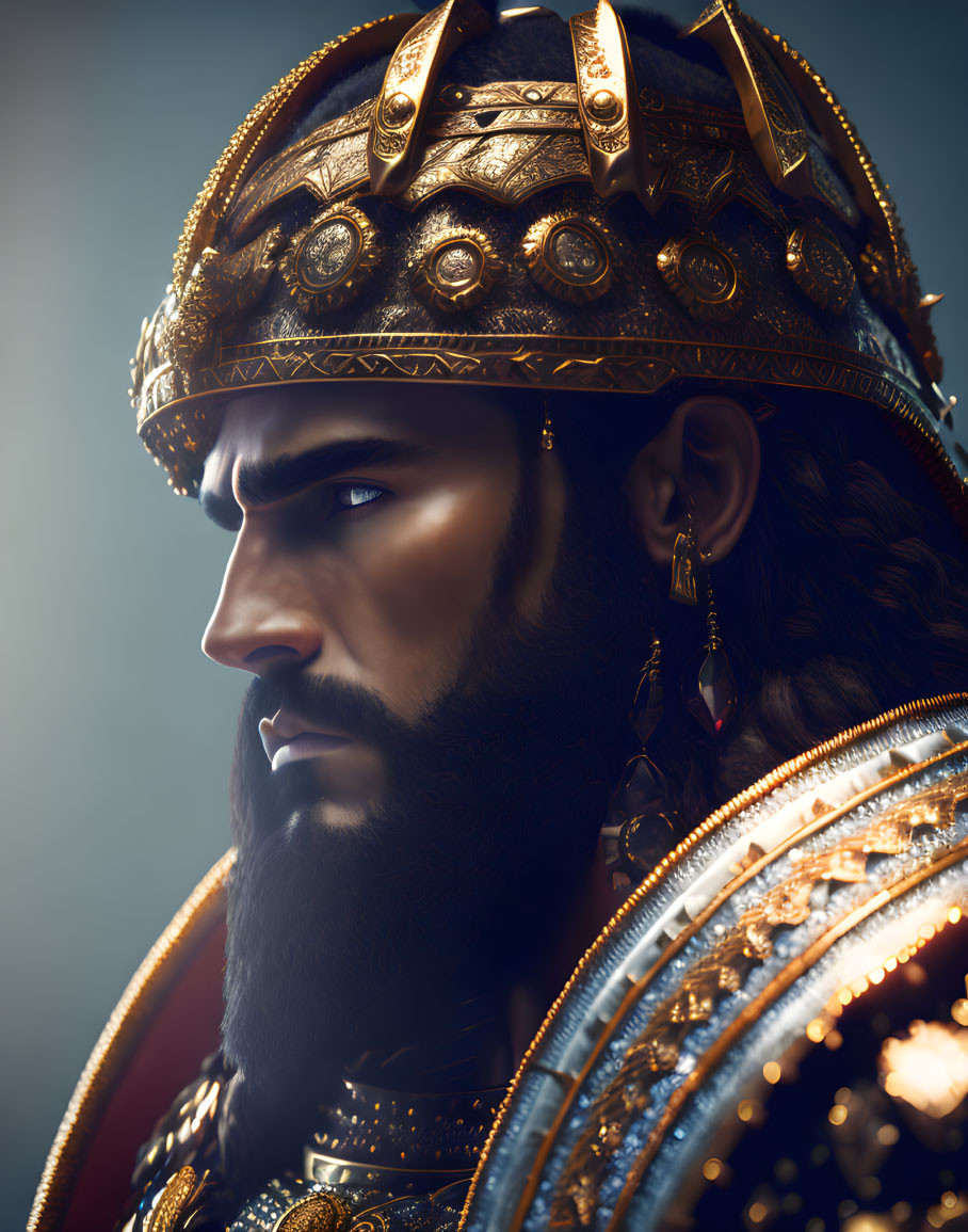 Bearded figure in golden crown and detailed armor exudes majesty