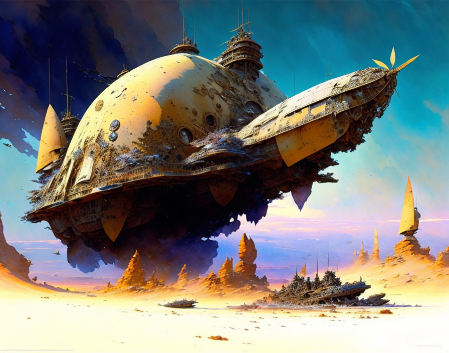 Intricate Spaceship Hovering Over Desert Landscape